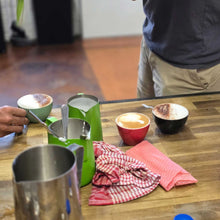 Load image into Gallery viewer, learning how to make a flat white and a cappuccino at the beginner coffee training course